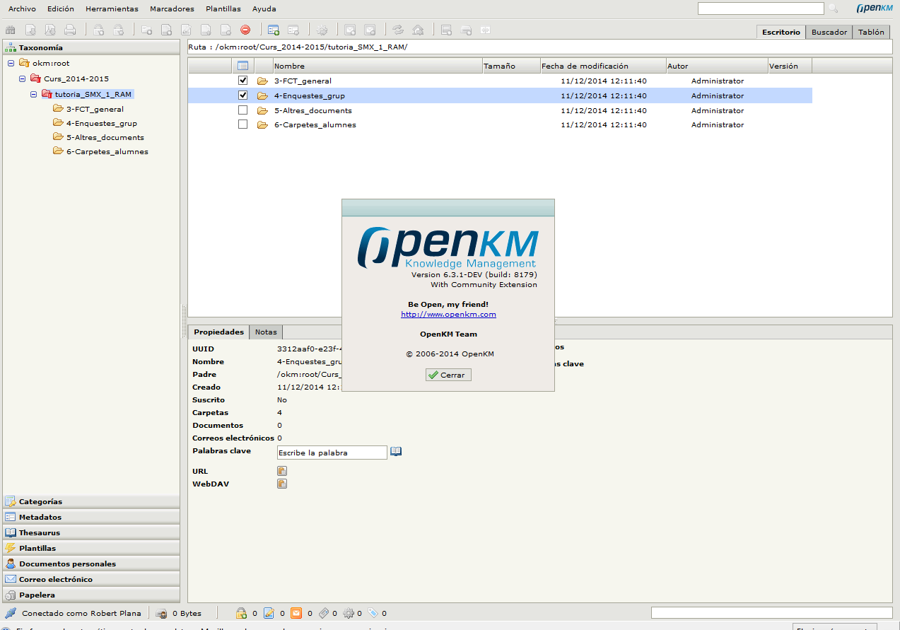 Aquí ves que la versió es 6.3 build 8179 y que el usuario rplana6 puede borrar las carpetas.