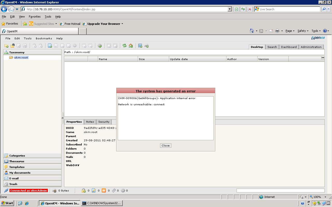 Application internal error screen shot