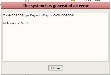 getKeywordMap error message box